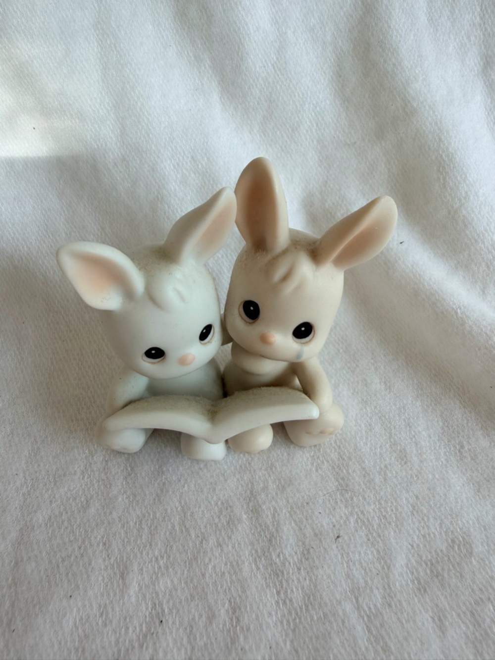 Precious Moments Cream & White Bunny Pair Reading Figurine